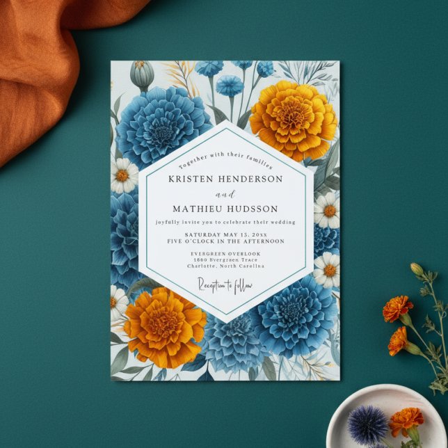 Invitation Mariage Floral Bleu Canard Maussade (Créateur téléchargé)