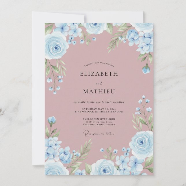 Invitation Mariage Floral Bleu Céleste Élégant (Devant)