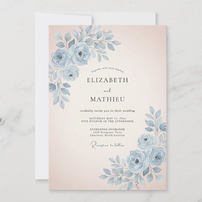 Invitation Mariage Floral Bleu Céleste Serein (Devant)