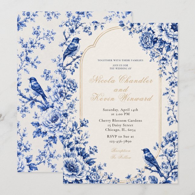 Invitation Mariage Floral Bleu Chinoiserie (Devant / Derrière)