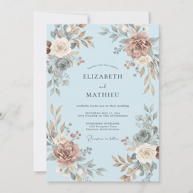 Invitation Mariage Floral Bleu Ciel (Devant)