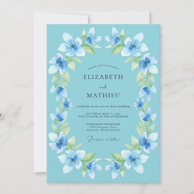 Invitation Mariage floral bleu ciel laurier (Devant)