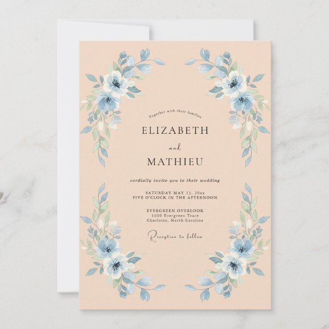 Invitation Mariage Floral Bleu Clair (Devant)