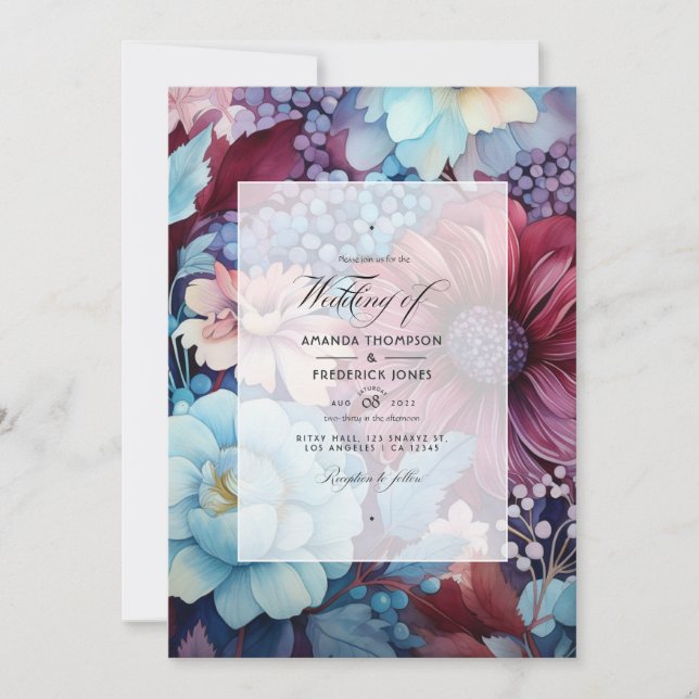 Invitation Mariage floral bleu clair, bleu poussiéreux et bur (Devant)