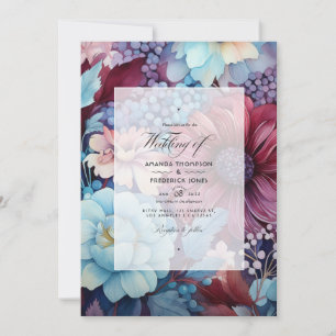 Invitation Mariage floral bleu clair, bleu poussiéreux et bur