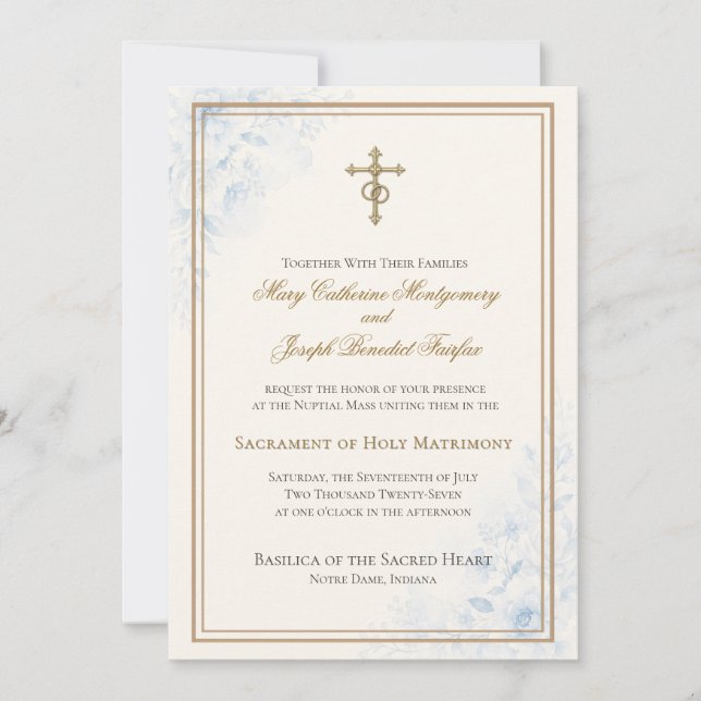 Invitation Mariage Floral Bleu Clair Catholique  (Devant)