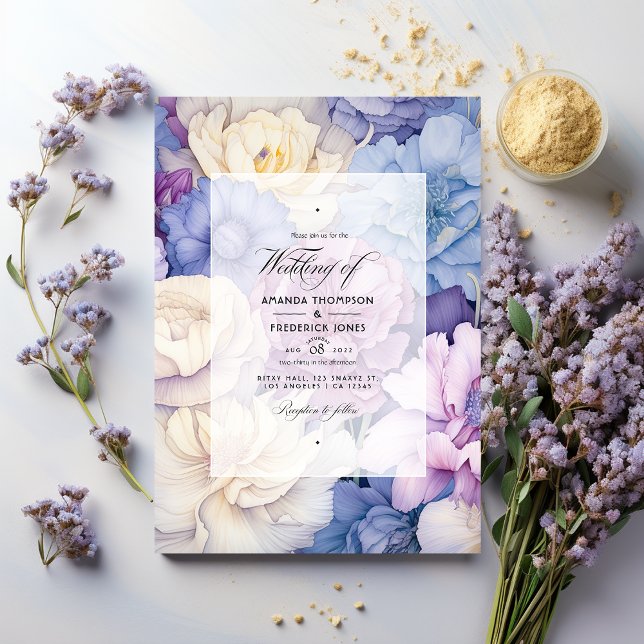 Invitation Mariage Floral Bleu Clair, Crème et Lavande (Créateur téléchargé)