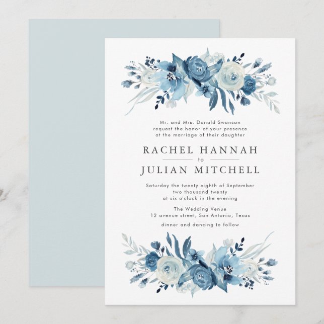 Invitation Mariage floral bleu clair de lune (Devant / Derrière)