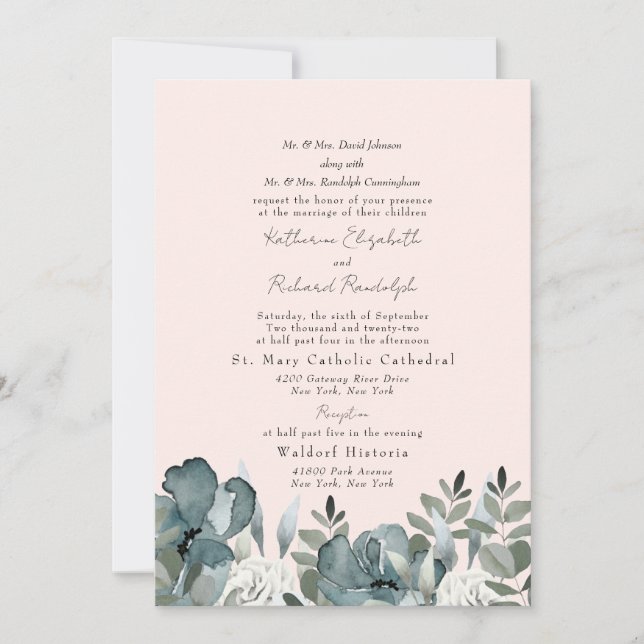 Invitation Mariage floral bleu clair élégant (Devant)