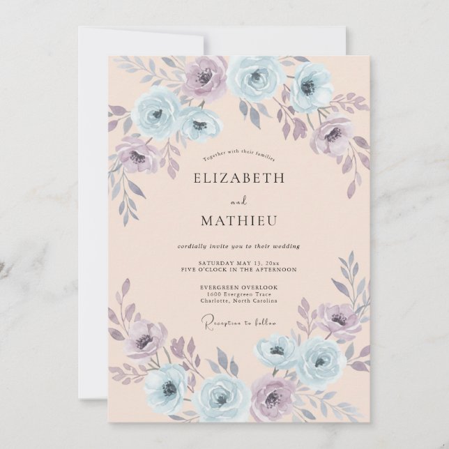 Invitation Mariage Floral Bleu Clair Éthéré Rose (Devant)