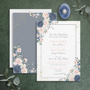 Invitation Mariage floral bleu clair rose rose pâle dans