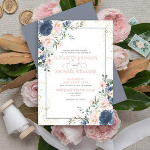Invitation Mariage floral bleu clair rose rose pâle dans