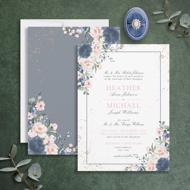 Invitation Mariage floral bleu clair rose rose pâle dans (Créateur téléchargé)