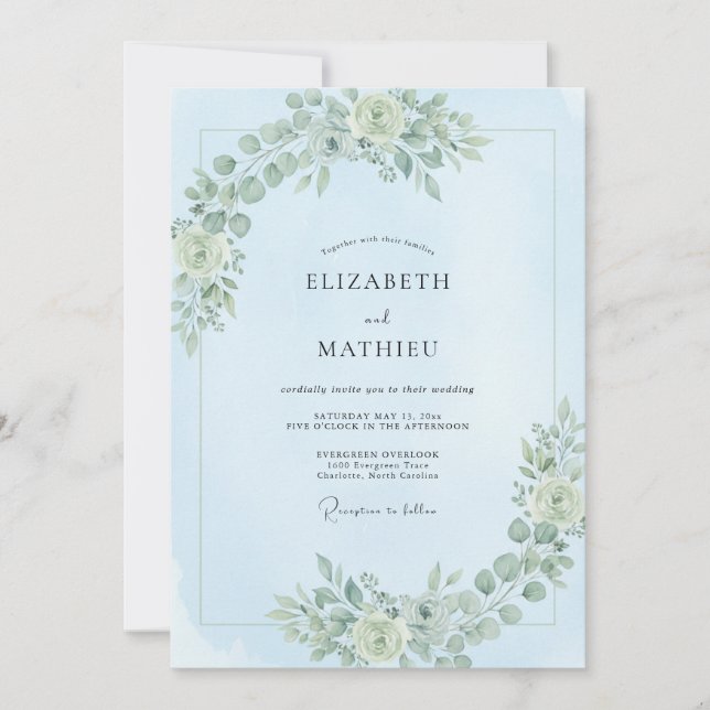 Invitation Mariage Floral Bleu Clair Serein (Devant)