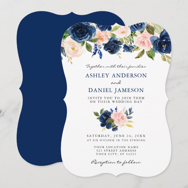 Invitation Mariage floral bleu classique (Devant / Derrière)