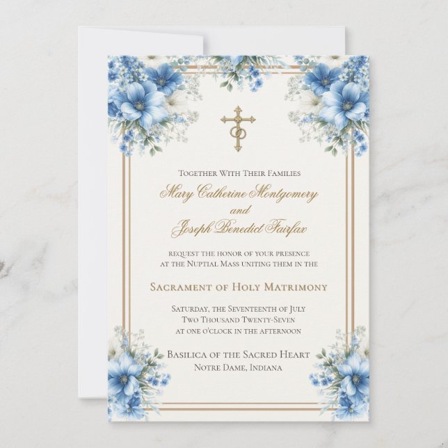 Invitation Mariage Floral Bleu Classique Catholique  (Devant)