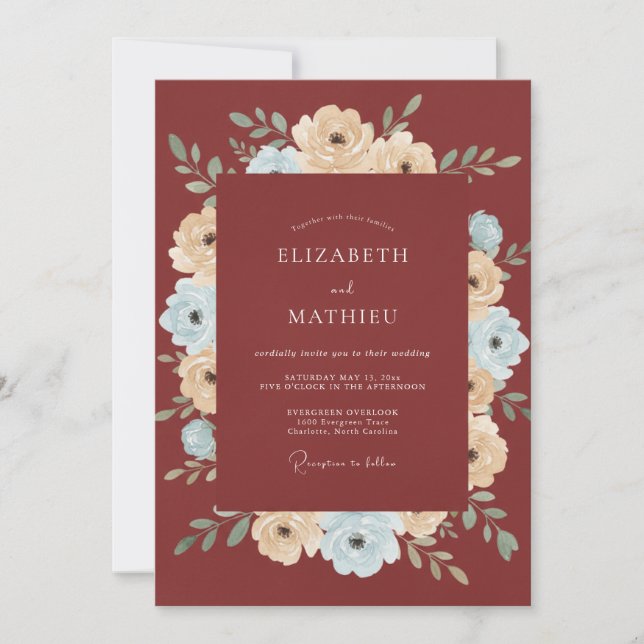 Invitation Mariage Floral Bleu Crème Rouille (Devant)