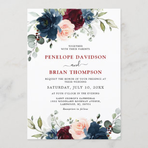 Invitation Mariage floral bleu de Bourgogne rose de la marine