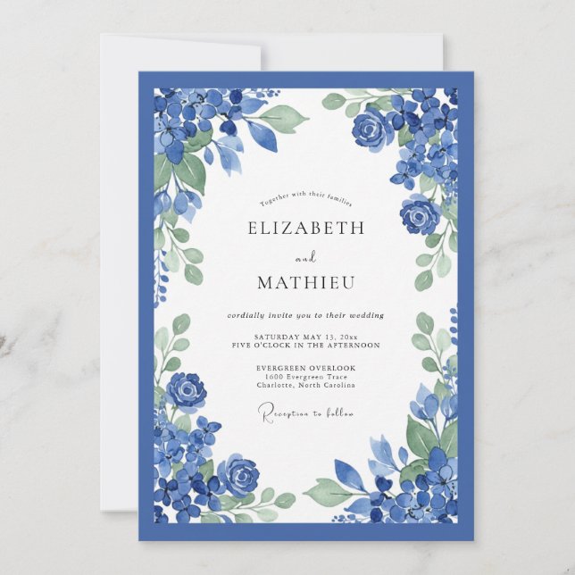 Invitation Mariage Floral Bleu de Cobalt (Devant)