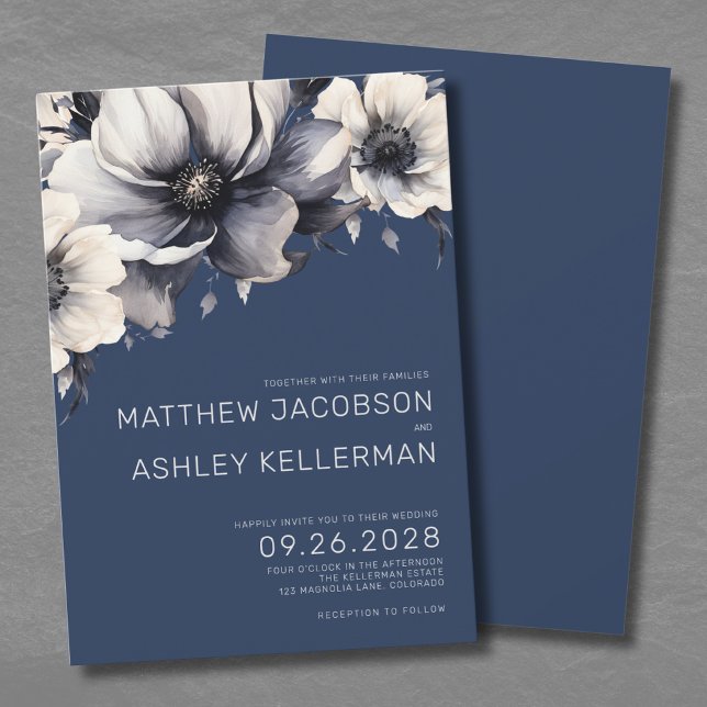 Invitation Mariage floral bleu de la marine botanique (Botanical Navy Blue Floral Wedding Invitation)