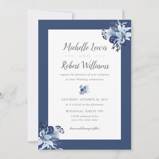 Invitation Mariage floral bleu de la marine gris (Devant)