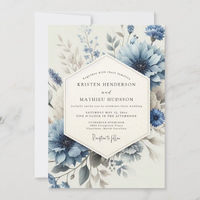 Invitation Mariage Floral Bleu Dépoussiéré (Devant)