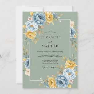 Invitation Mariage Floral Bleu Doré Sage