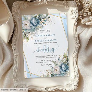 Invitation Mariage floral bleu doré sophistiqué