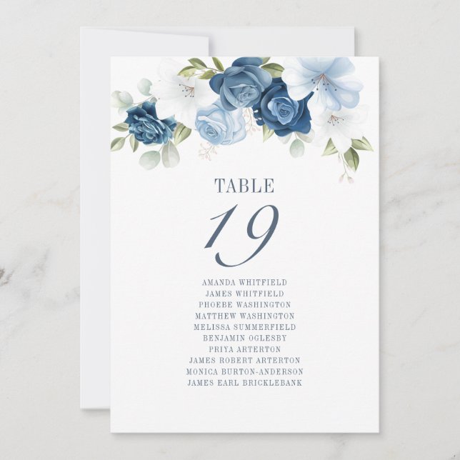 Invitation Mariage floral bleu Dusty Numéro de tableau 19 (Devant)