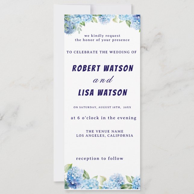 Invitation Mariage Floral Bleu Élégant  (Devant)