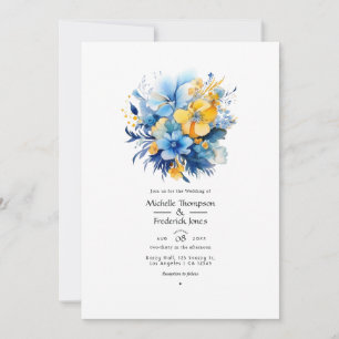 Invitation Mariage floral bleu élémentaire et or