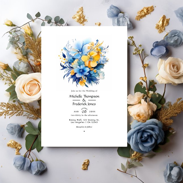 Invitation Mariage floral bleu élémentaire et or (Créateur téléchargé)