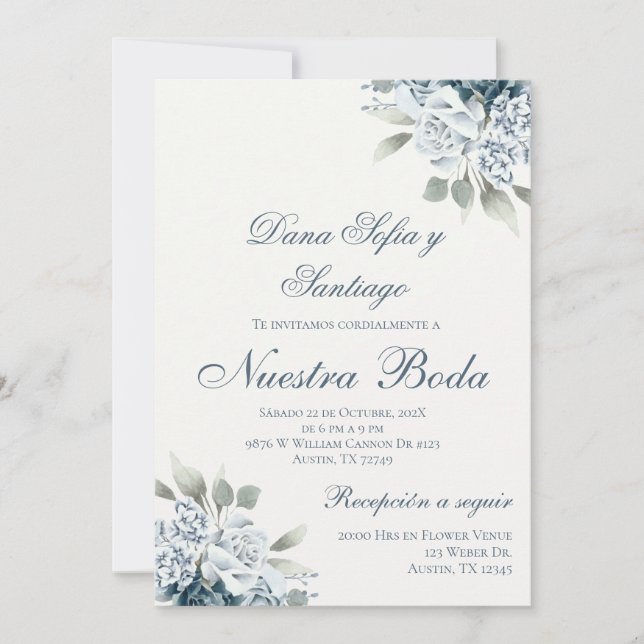 Invitation Mariage floral bleu espagnol (Devant)