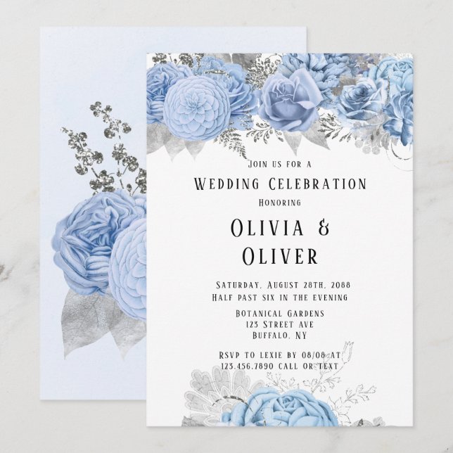 Invitation Mariage floral bleu et argenté (Devant / Derrière)