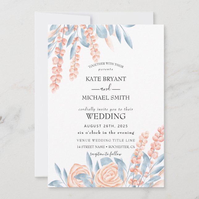Invitation Mariage floral bleu et blanc (Devant)