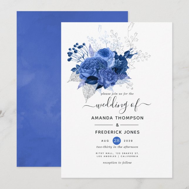 Invitation Mariage floral bleu et blanc (Devant / Derrière)