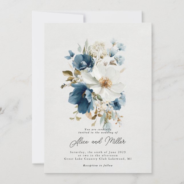 Invitation Mariage floral bleu et blanc (Devant)