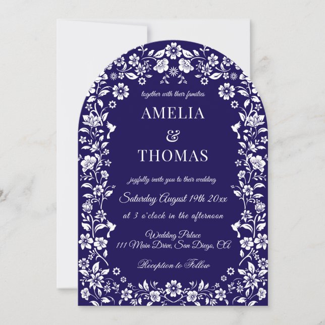 Invitation Mariage floral bleu et blanc  (Devant)