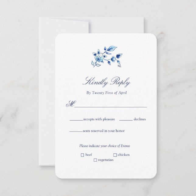 Invitation Mariage floral bleu et blanc Delft (Devant)
