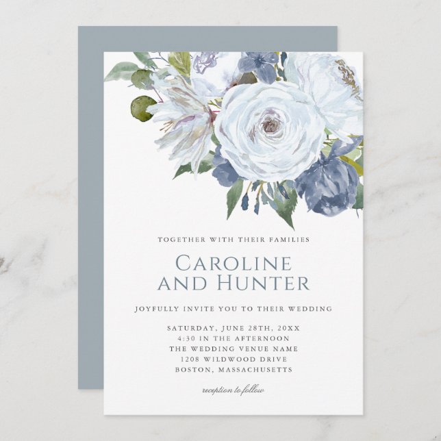 Invitation Mariage floral bleu et blanc poussiéreux (Devant / Derrière)