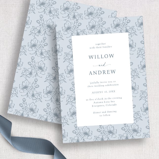 Invitation Mariage Floral Bleu et Blanc Vintage (Vintage Blue and White Floral Wedding Invitation
)