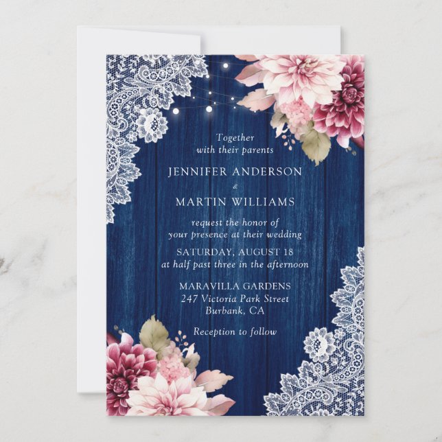 Invitation Mariage floral bleu et bleu marine (Devant)