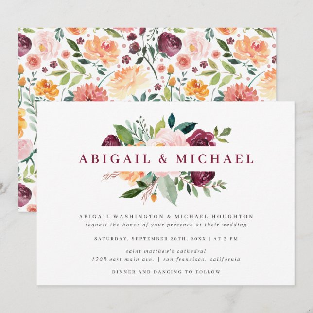 Invitation Mariage floral bleu et bordeaux simple (Devant / Derrière)