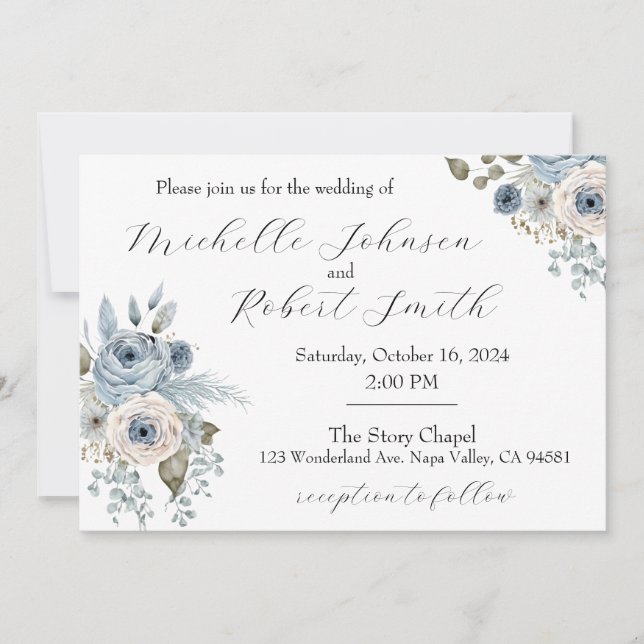 Invitation Mariage floral bleu et ivoire (Devant)