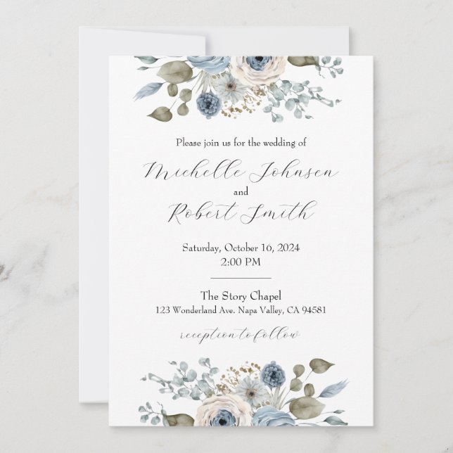 Invitation Mariage floral bleu et ivoire (Devant)