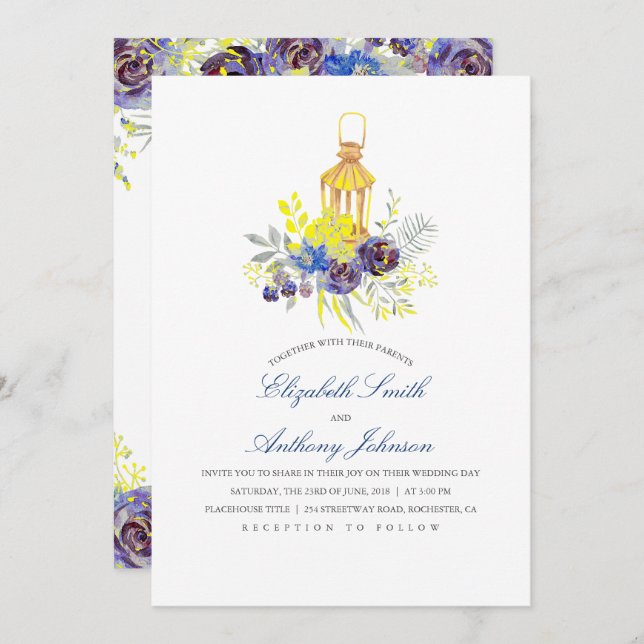 Invitation Mariage Floral bleu et jaune (Devant / Derrière)