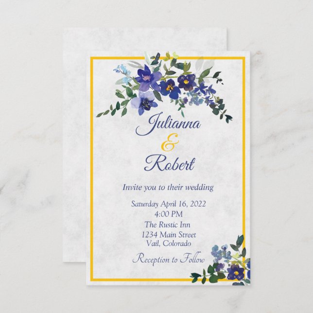 Invitation Mariage floral bleu et jaune d'aquarelle invitati (Devant / Derrière)