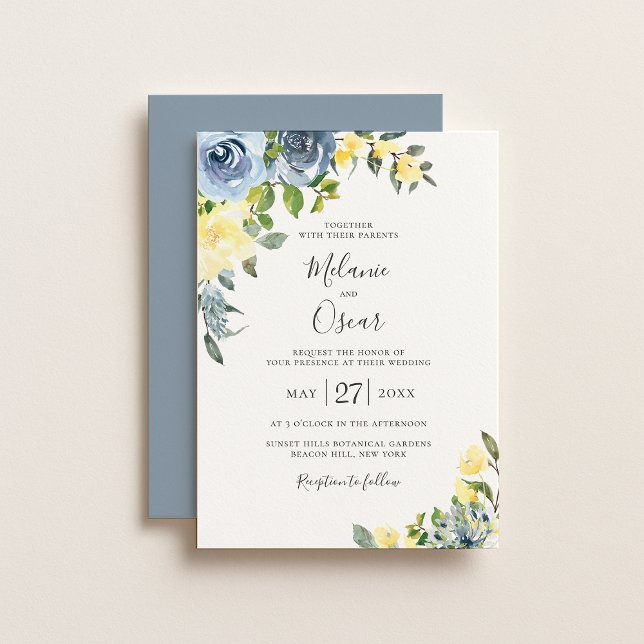 Invitation Mariage floral bleu et jaune Dusty (Créateur téléchargé)