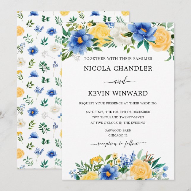 Invitation Mariage Floral Bleu et Jaune Élégant (Devant / Derrière)