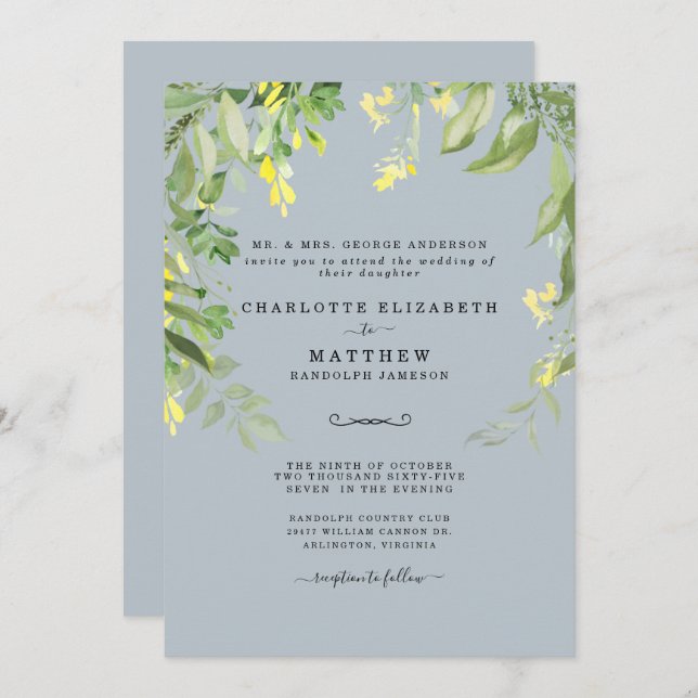 Invitation Mariage floral bleu et jaune moderne Invita (Devant / Derrière)